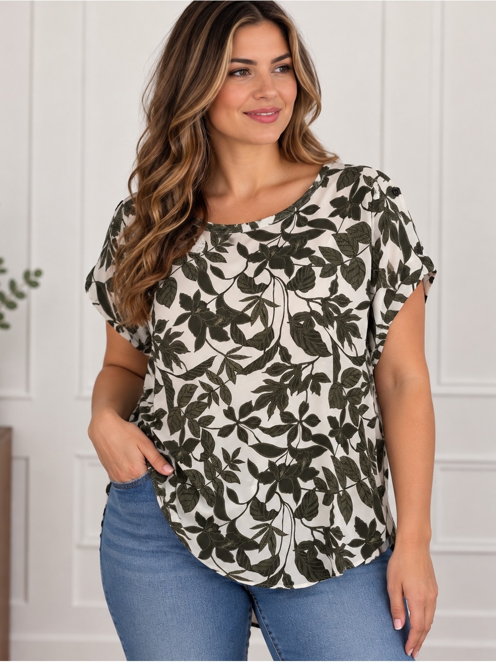 Maurice's Women's Olive Green Botanical Print Short Sleeve Blouse